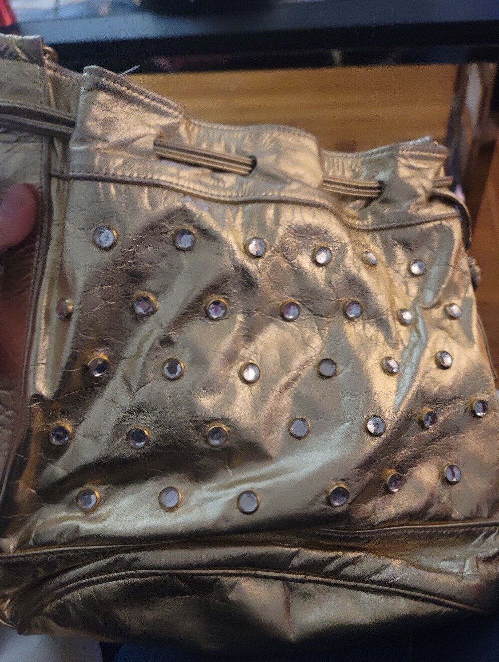 Metallic Gold Studded Drawstring Shoulder Bag - Picture 5 of 5